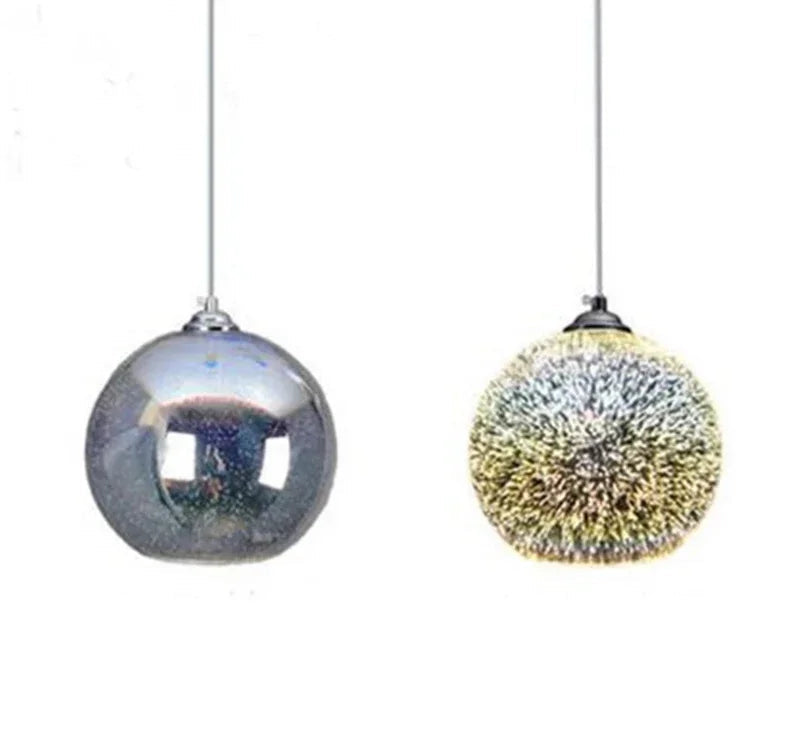 Glass 3D Fireworks Pendant Light - LED Stylish Design shown off and on, highlighting its reflective glass and fireworks glow.