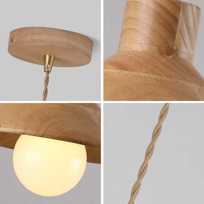 Detailed view of Nordic wood pendant light components including ceiling mount, twisted cord, and bulb, showcasing quality craftsmanship.