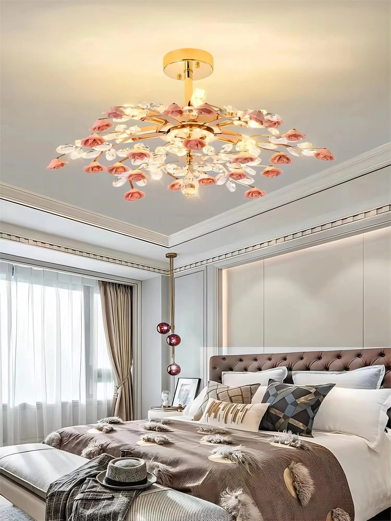 Pink ceramic flower chandelier with crystal leaves, French retro ceiling light enhancing bedroom elegance with warm LED glow.