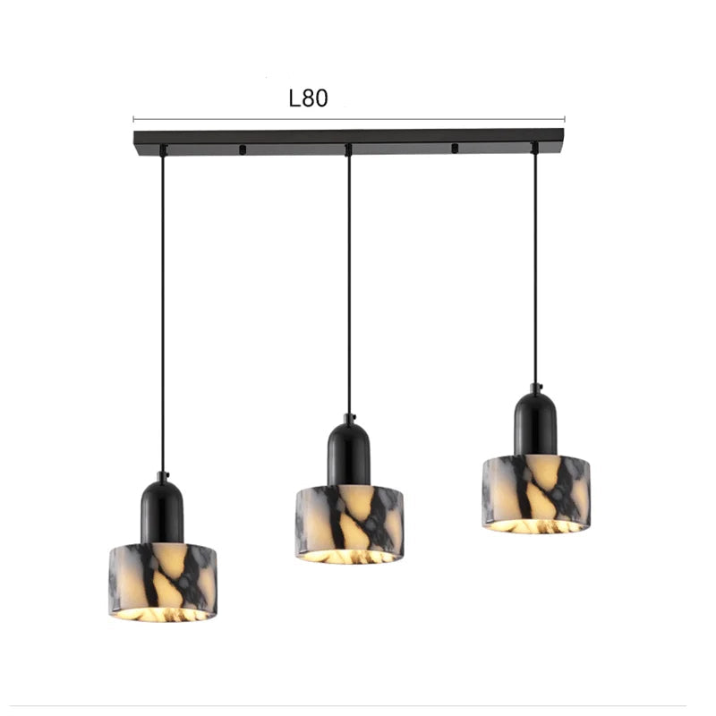 Three-head Black Marble Pendant Light with Nordic LED, adjustable hanging wires and 80cm base, perfect for kitchen or dining areas.
