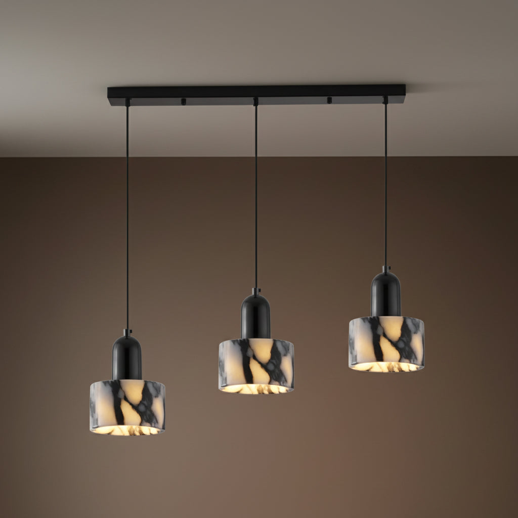 Three-head Black Marble Pendant Light with Nordic LED, adjustable hanging wires and 80cm base, perfect for kitchen or dining areas.