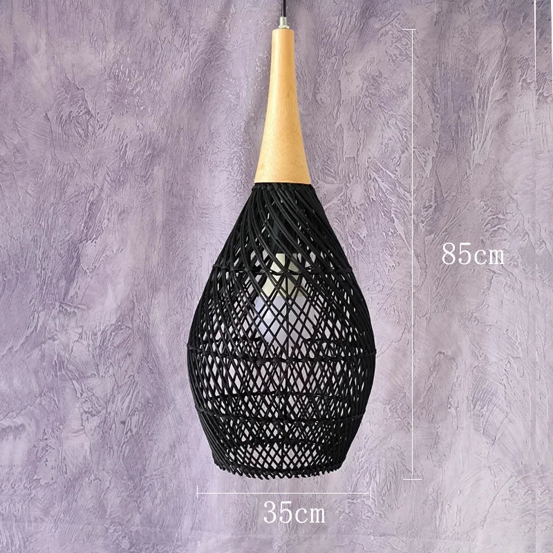 Tall black teardrop rattan pendant light with wood accent, 35cm wide and 85cm tall, ideal for high ceiling installations.