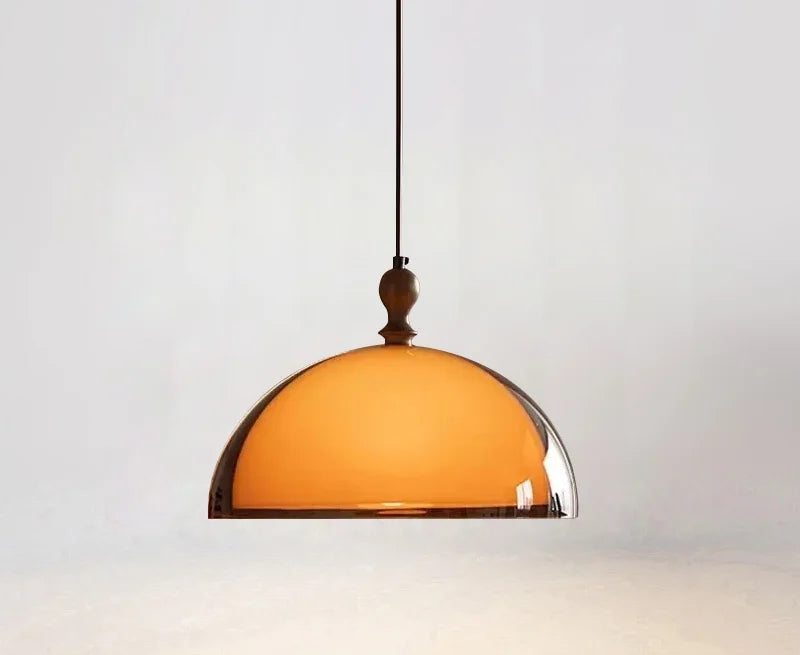 LED Pendant Light - Modern Chandelier with amber dome shade and wood accent, ideal for dining room or kitchen island lighting.