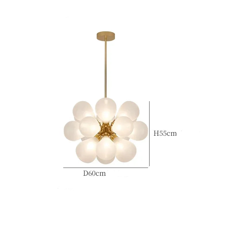 White bubble glass chandelier with 18 bulbs, Scandinavian design, 60cm wide, crafted from iron and glass.