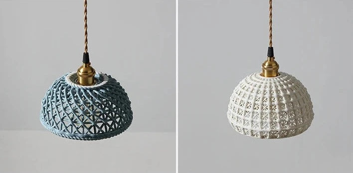 Side-by-side comparison of blue and white LUXELY ceramic Japanese pendant lights with dome shapes and intricate textures.
