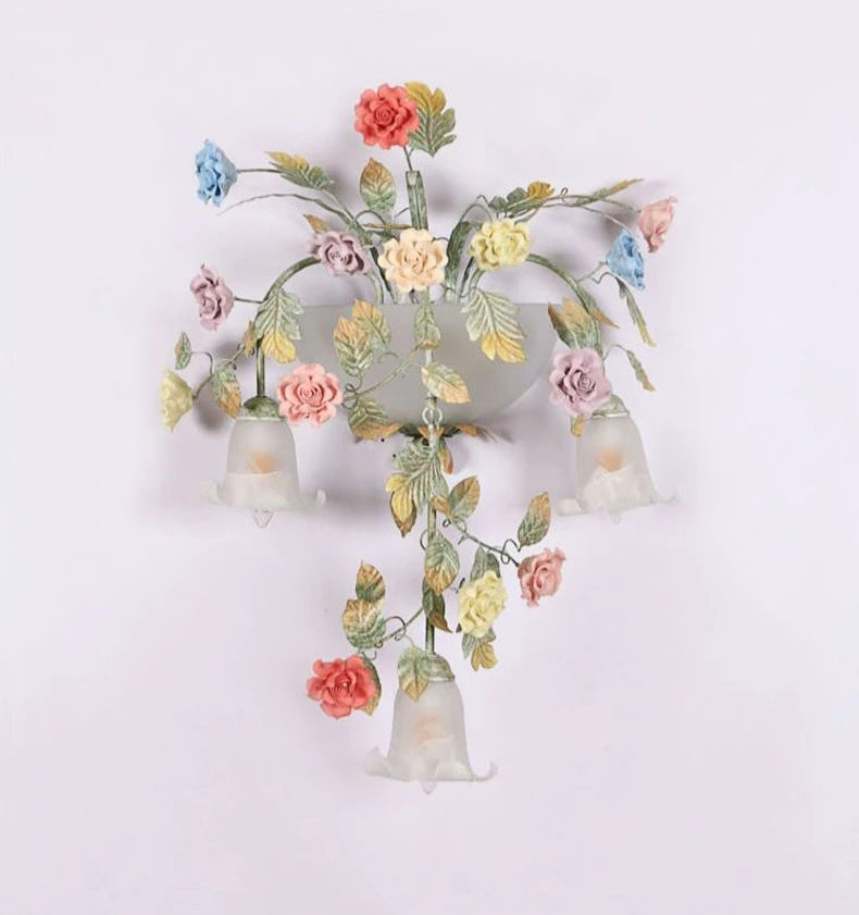 Rustic French Rose Garden Wall Lamp without lighting, showcasing detailed iron floral craftsmanship and vintage appeal.