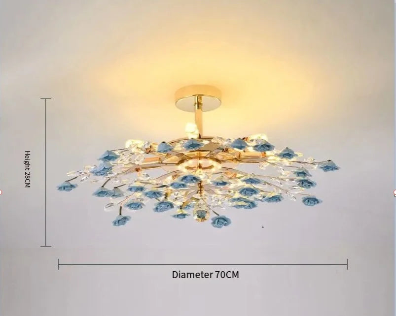 70cm blue French ceramic flower chandelier with crystal details, modern ceiling light for home and garden lighting.