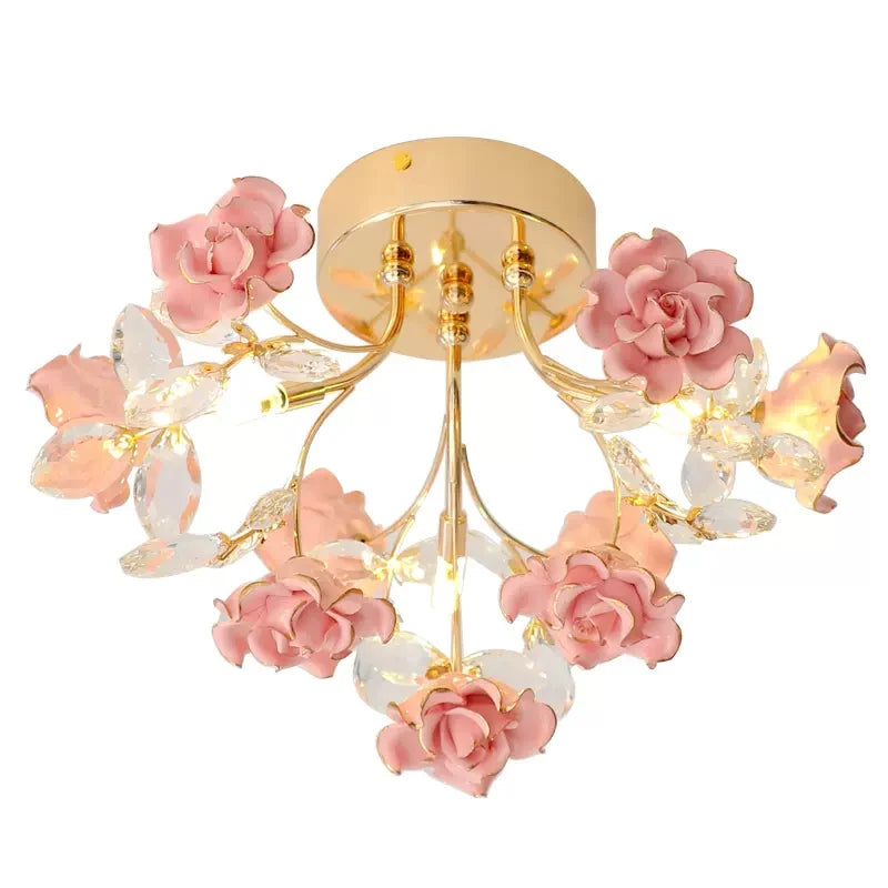 Pink kids rose crystal chandelier with gold base and crystal leaves, designed for charming and elegant children's bedroom lighting.
