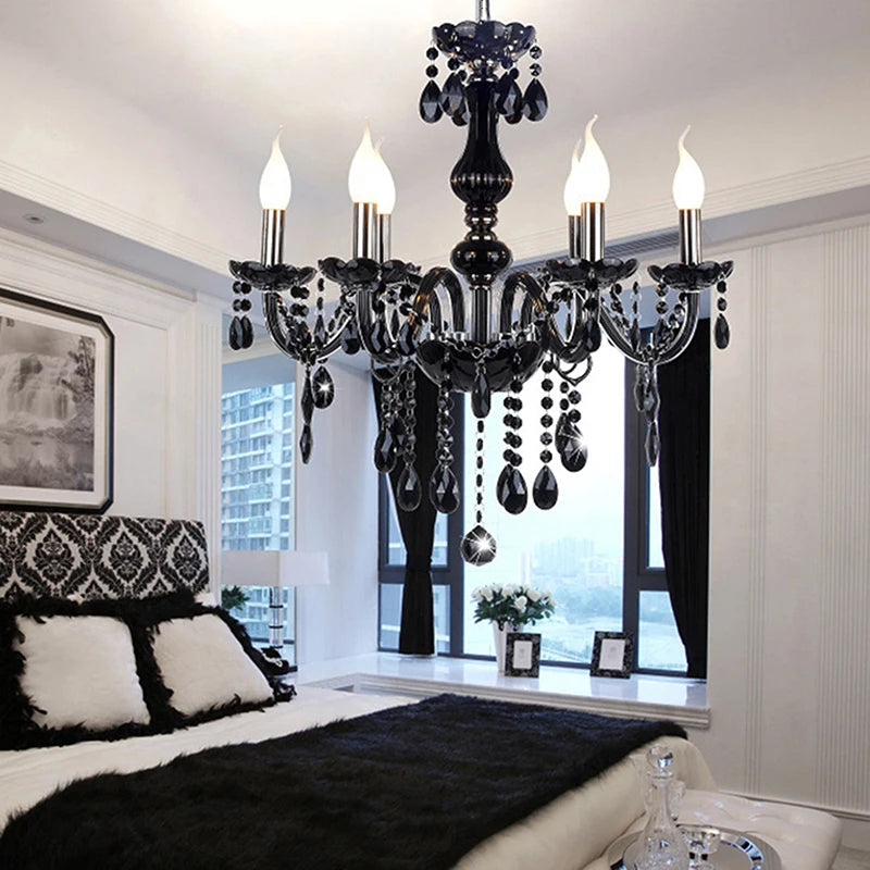 Modern black crystal chandelier with six LED candle lights, perfect for luxury bedrooms in villas or upscale hotels.