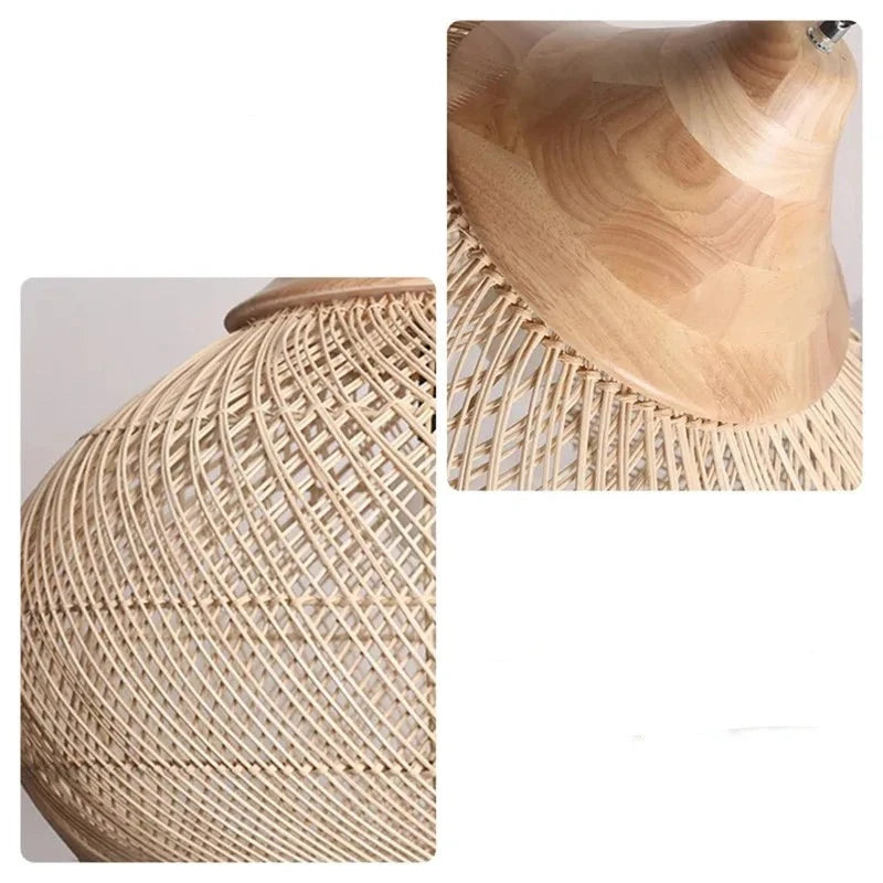 Close-up of LUXELY gothic rattan pendant light showing detailed weave and smooth wood accent for premium ceiling fixture appeal.
