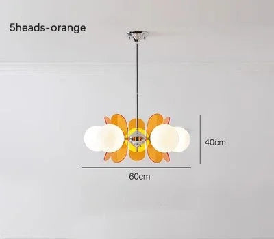 5-head orange Bauhaus retro chandelier with LED globes, 60cm wide, offering artistic lighting for dining or restaurant decor.