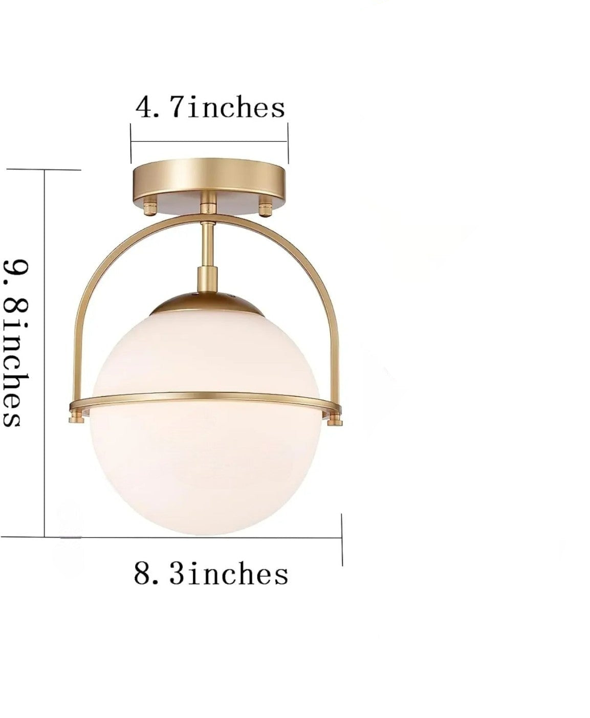 Dimensions of Nordic milky glass ceiling light showing 9.8-inch height and 8.3-inch width, ideal for compact modern spaces.