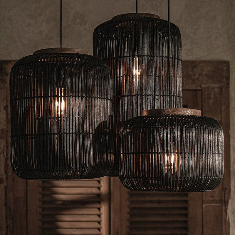 Trio of black LUXELY rattan pendant lights in retro japandi style, perfect for modern home or café ceiling fixtures.