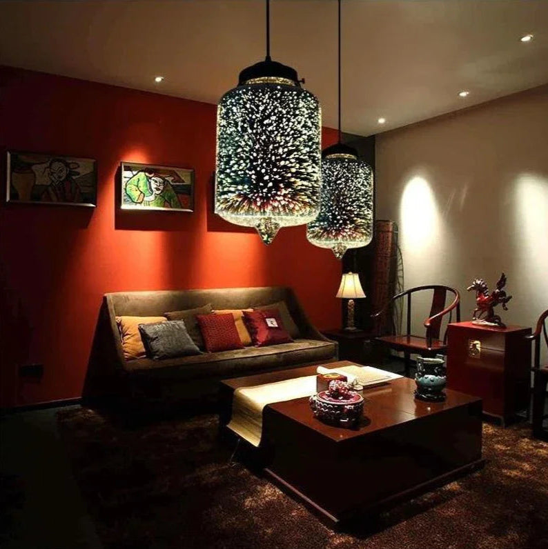 Glass 3D Fireworks Pendant Light - LED Stylish Design in cylindrical form, illuminating a cozy living room with warm ambiance.