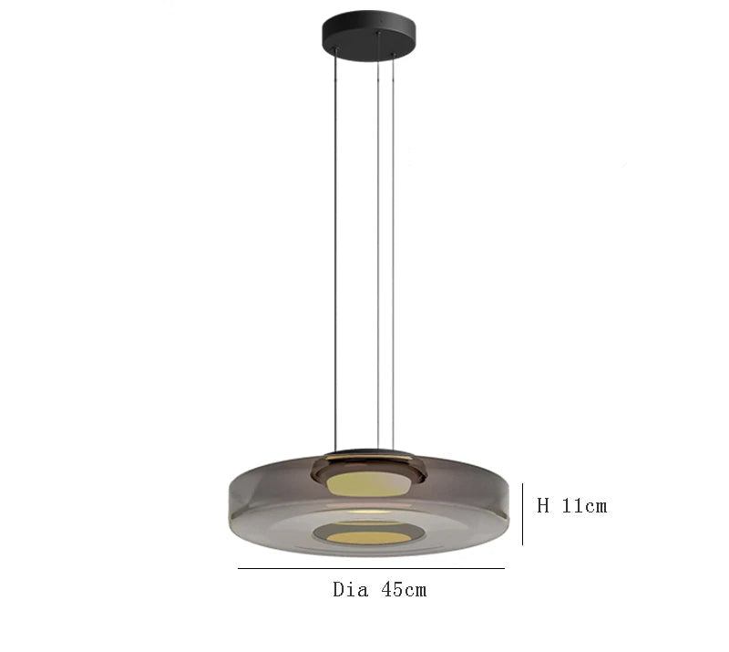 Smoke grey glass pendant light with 45cm diameter and 11cm height. LED lighting and adjustable hanging for kitchen or dining.