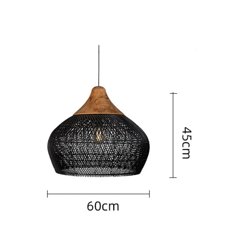 Large black rattan pendant light with wood top, 60cm wide and 45cm tall, perfect for dramatic ceiling lighting.