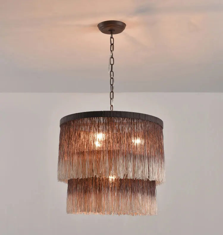 Rustic Bohemian Chandelier-Pendant Light Wicker LED in dark brown finish, emitting warm light for cozy home or café settings.