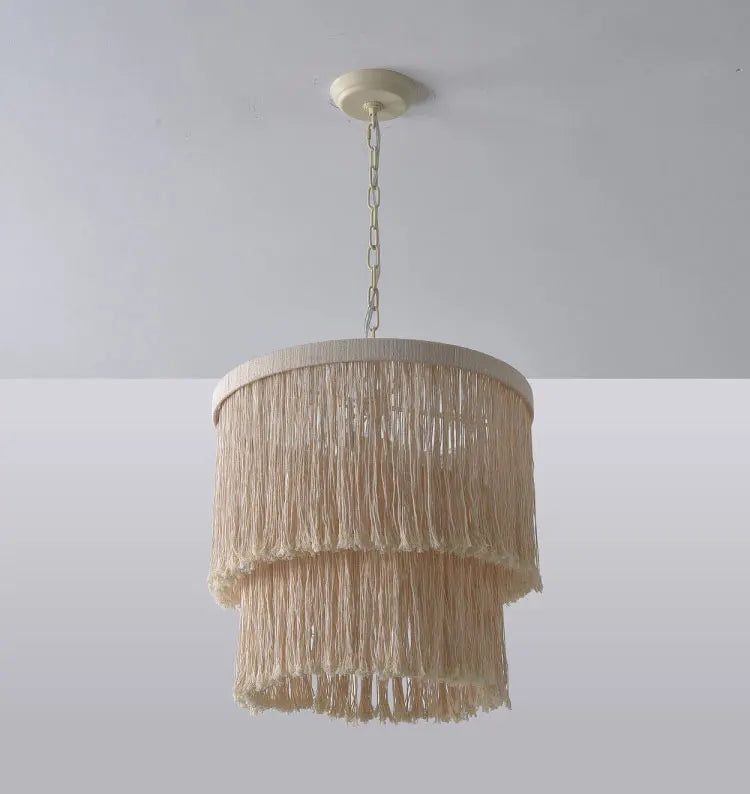 Rustic Bohemian Chandelier-Pendant Light Wicker LED in natural beige tone, showcasing its soft fringe texture and layered design.