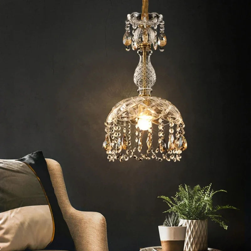 Single LED Crystal Chandelier Art Deco pendant light glowing warmly in a cozy living room, showcasing vintage elegance and efficient illumination.