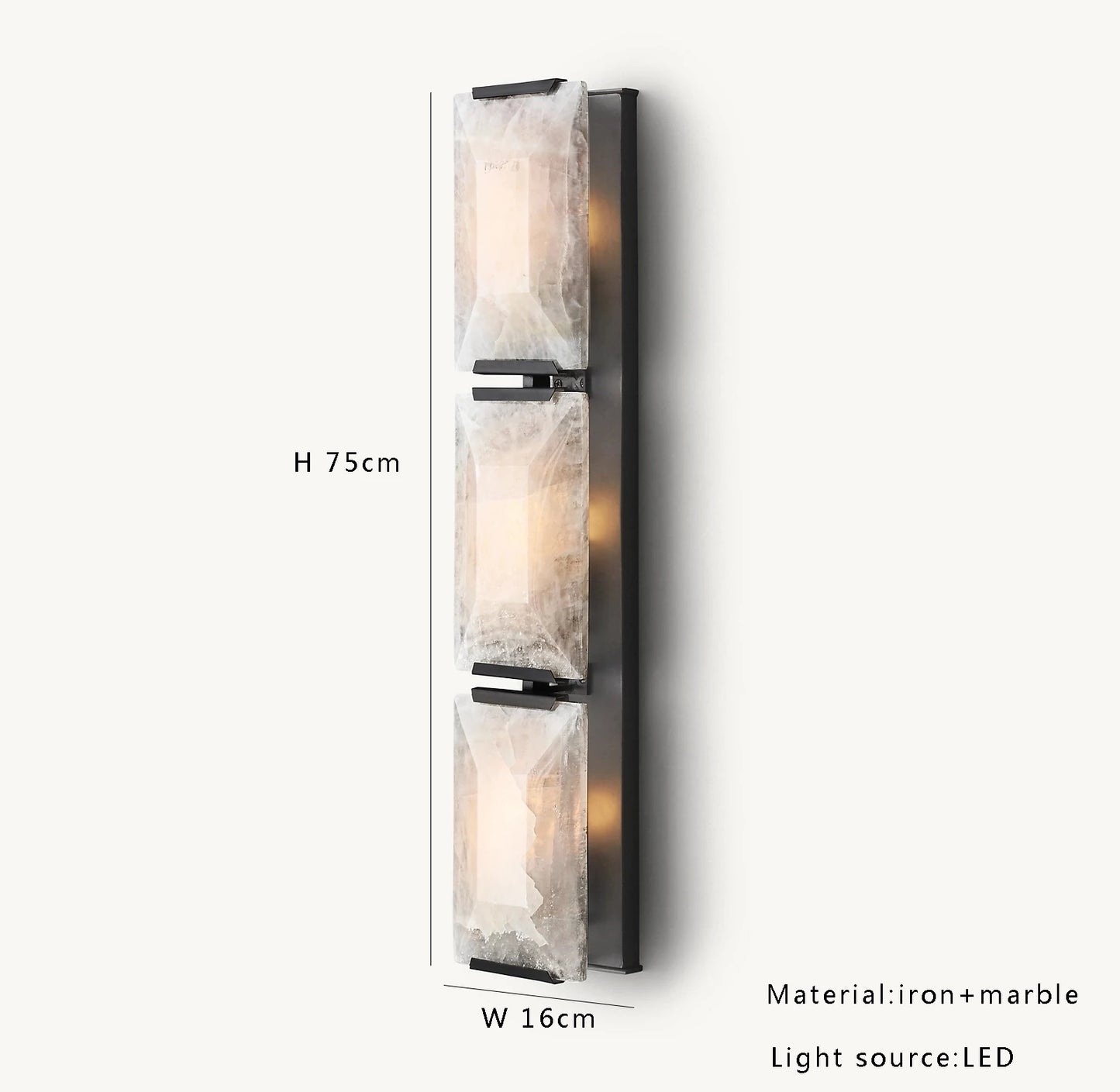 Copper Marble LED Sconce in black finish, 75cm tall with three marble panels, ideal for vertical ambient lighting.