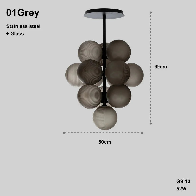 Grey Grape LED chandelier with 13 glass globes, 99cm tall, perfect for bedrooms or compact modern spaces.
