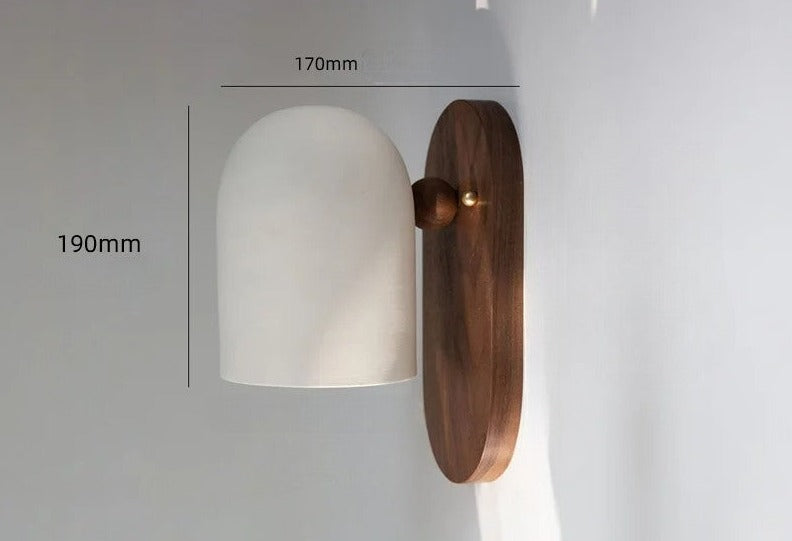 White dome walnut wood wall sconce with 170mm depth and 190mm height, ideal for modern home lighting solutions.