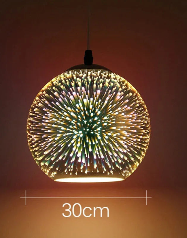 Glass 3D Fireworks Pendant Light - LED Stylish Design in 30cm spherical size, glowing with golden LED fireworks effect.
