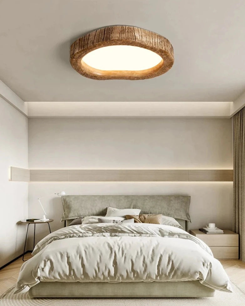Nordic bedroom ceiling light by LUXELY installed in minimalist bedroom, blending modern wood design with warm ambient lighting.
