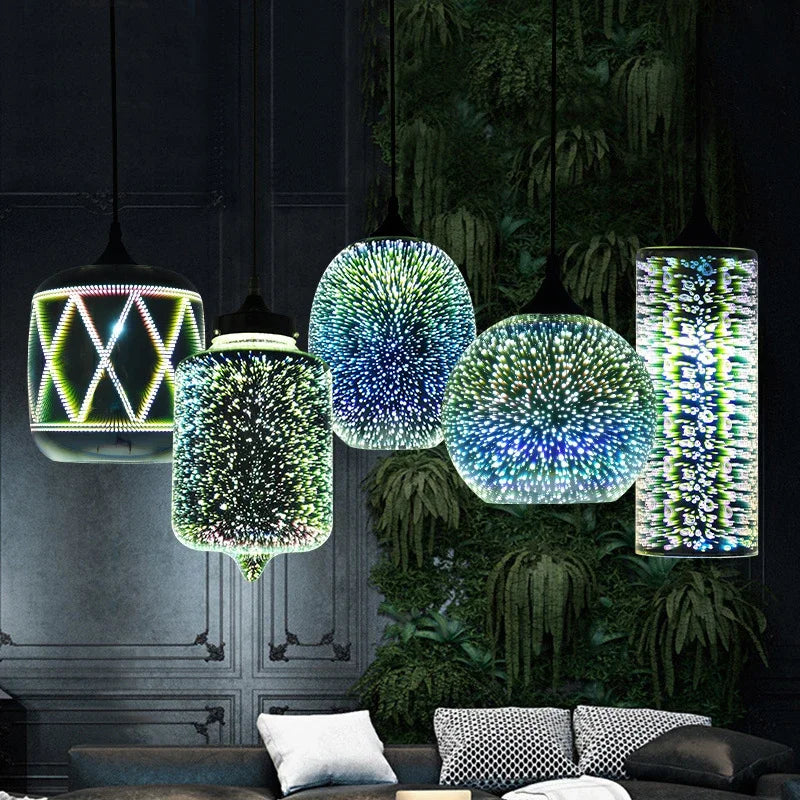 Glass 3D Fireworks Pendant Light - LED Stylish Design in five unique styles, displayed in a luxurious living room with vertical garden.
