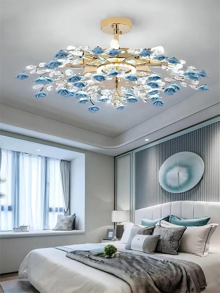 Modern French ceramic flower chandelier in blue and crystal design, elegant ceiling fixture for contemporary bedroom lighting.