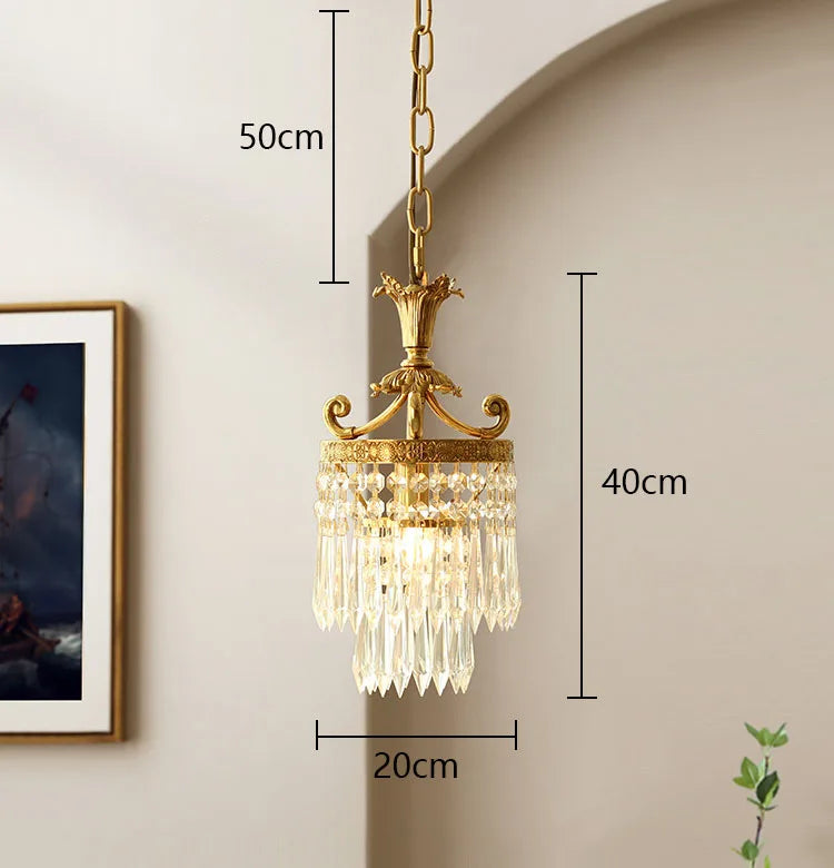 Size dimensions of copper crystal chandelier: 20cm wide and 40cm tall, ideal for compact decorative lighting.