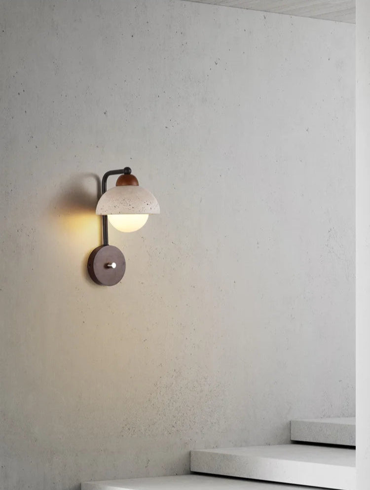 Travertine Wall Lamp lighting a stairwell wall, offering elegant LED accent lighting with a natural stone and wood design.