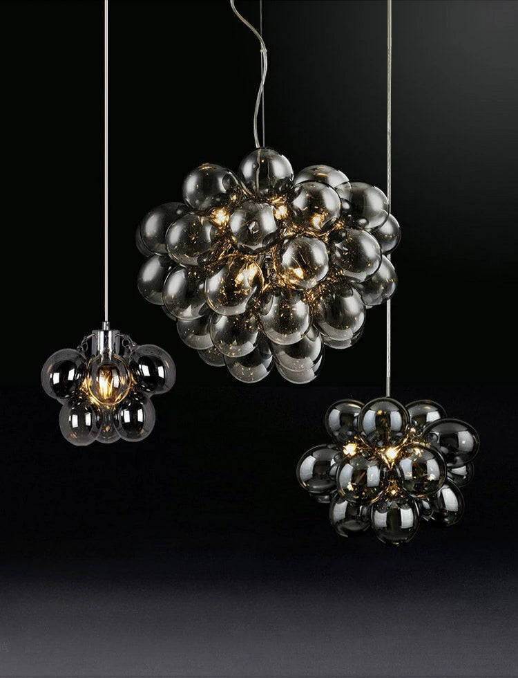 Black glass modern grape chandeliers in various sizes, ideal for contemporary lighting in luxury interiors or commercial spaces.