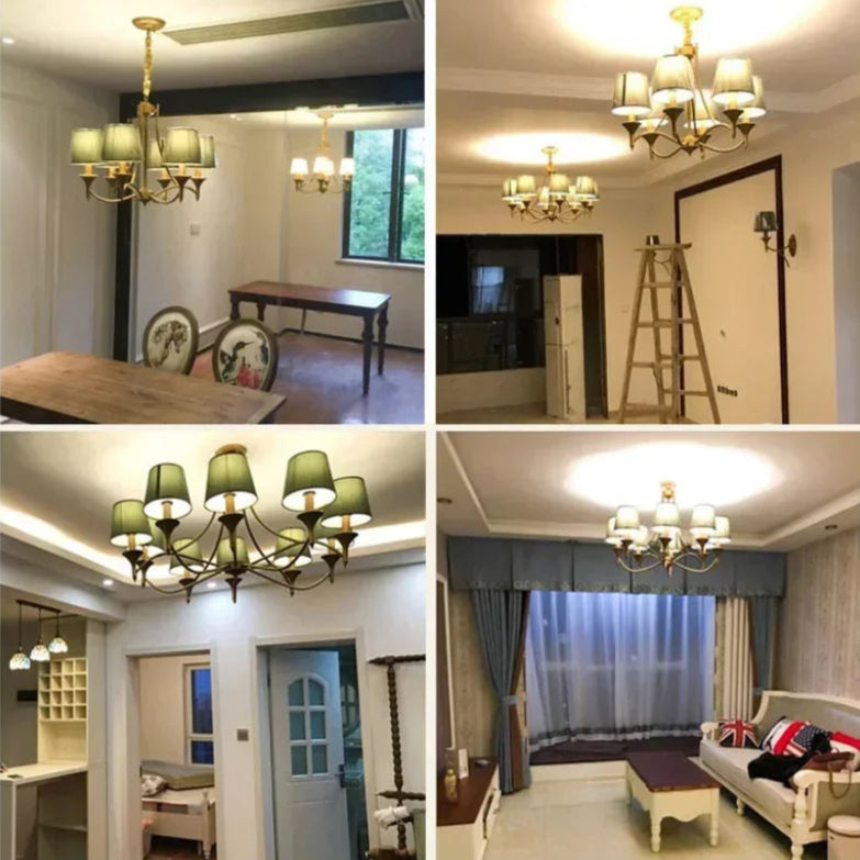 Multiple room views featuring European retro fabric chandeliers with green shades, enhancing classic interior designs with warm LED light.