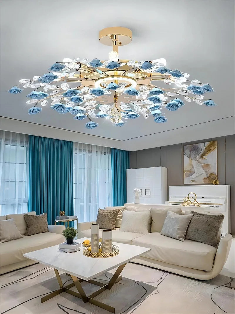 Blue rose French ceramic flower chandelier with crystal branches, stylish ceiling light for living room ambiance.