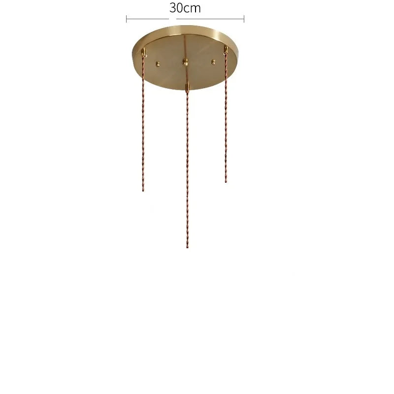 Round brass ceiling plate with three hanging cords for LUXELY pendant lights, 30cm diameter, ideal for ceiling light installations.