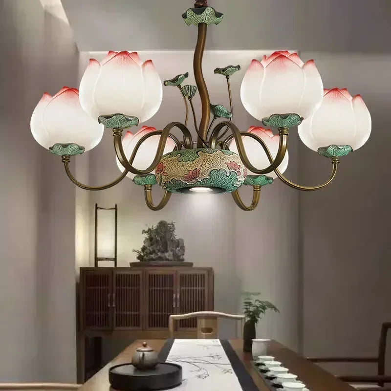 Farmhouse lotus flower ceiling light with LED petals, enhancing a traditional dining room with artistic floral elegance.