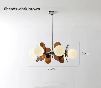 6-head dark brown Bauhaus retro chandelier with LED globes, 72cm wide, ideal for modern dining room ceiling lighting.