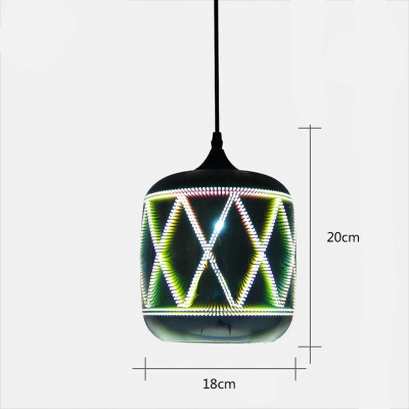 Glass 3D Fireworks Pendant Light - LED Stylish Design in 18cm wide cylindrical shape, with crisscross LED light pattern.
