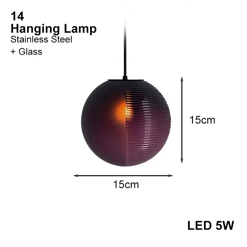 Single globe Purple LED hanging lamp, 15cm diameter, stainless steel and glass, ideal for accent lighting in modern interiors.