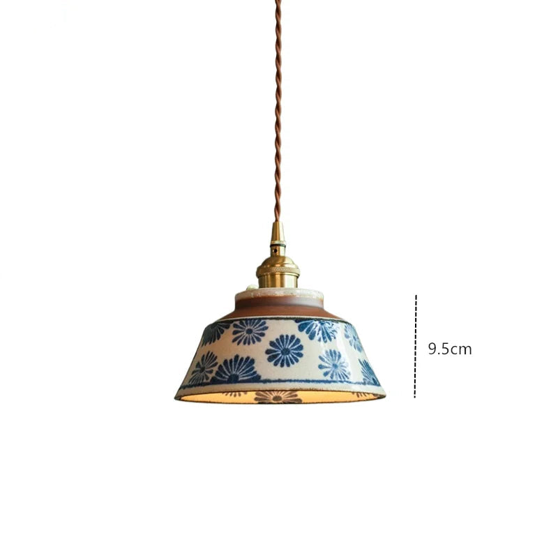 Striped ceramic pendant lamp with LED bulb and copper fixture, 9.5cm tall, perfect for modern lighting decor.