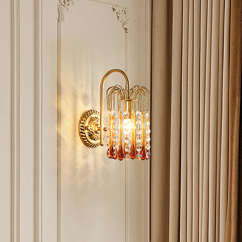 Copper Teardrop Crystal Wall Lamp with vintage French style, installed in a classic interior, enhancing corridor or living room decor.