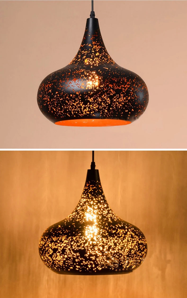 Retro Industrial Black Chandelier pendant light shown off and on, highlighting its warm LED glow and artistic perforated design.