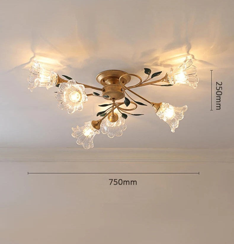 Compact European flower ceiling light - 750mm wide and 250mm high, with 8 LED floral shades for smaller rooms.