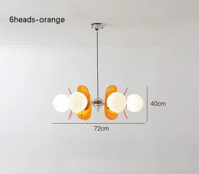 6-head orange Bauhaus retro chandelier with LED globes, 72cm wide, combining retro style with functional ceiling lighting.