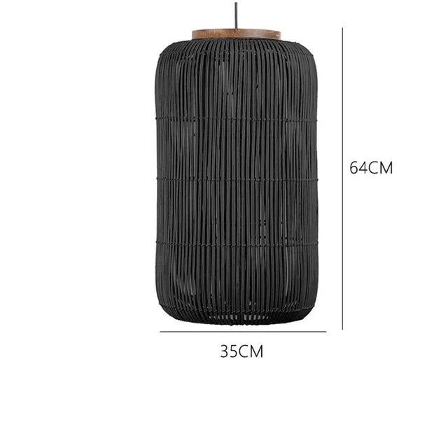 Tall black cylindrical rattan pendant light with wood accent, 64cm height, ideal for dramatic gothic ceiling lighting.