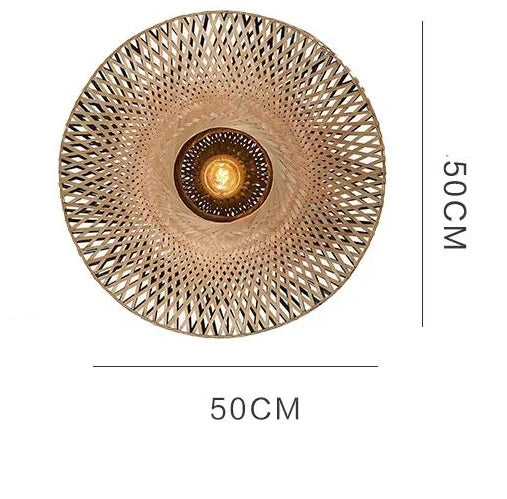50cm Wabi-sabi bamboo wood wall lamp with intricate woven design, perfect for statement lighting in minimalist interiors.