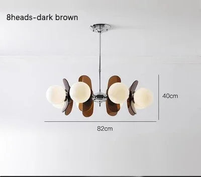 8-head dark brown Bauhaus retro chandelier with LED globes, 82cm wide, designed for spacious dining or restaurant areas.
