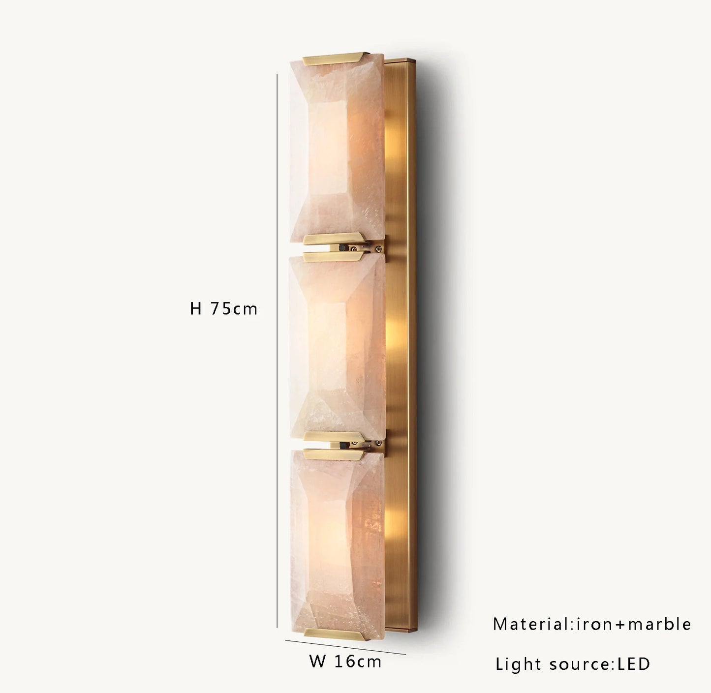 Copper Marble LED Sconce in gold finish, 75cm tall with three marble panels, ideal for vertical wall lighting.