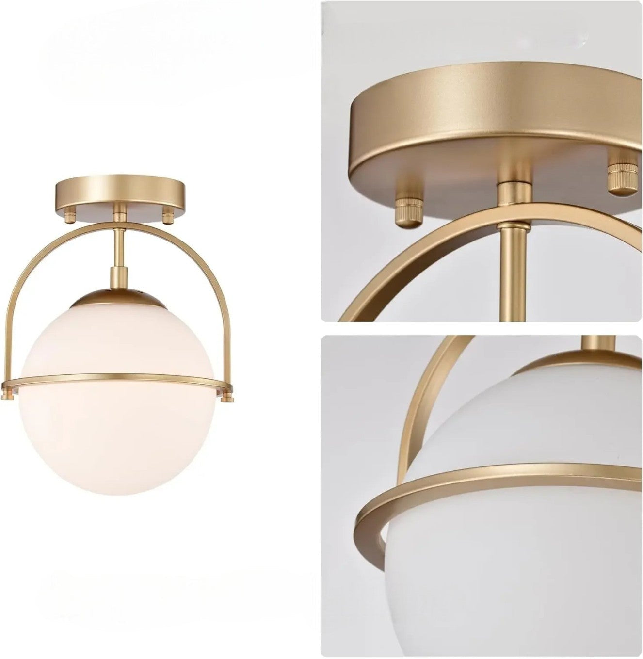 Close-up views of Nordic milky glass ceiling light highlighting gold finish and smooth glass globe for modern interiors.